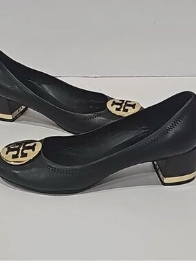 Tory Burch Black Leather Low Block Heel Pumps with Gold Logo